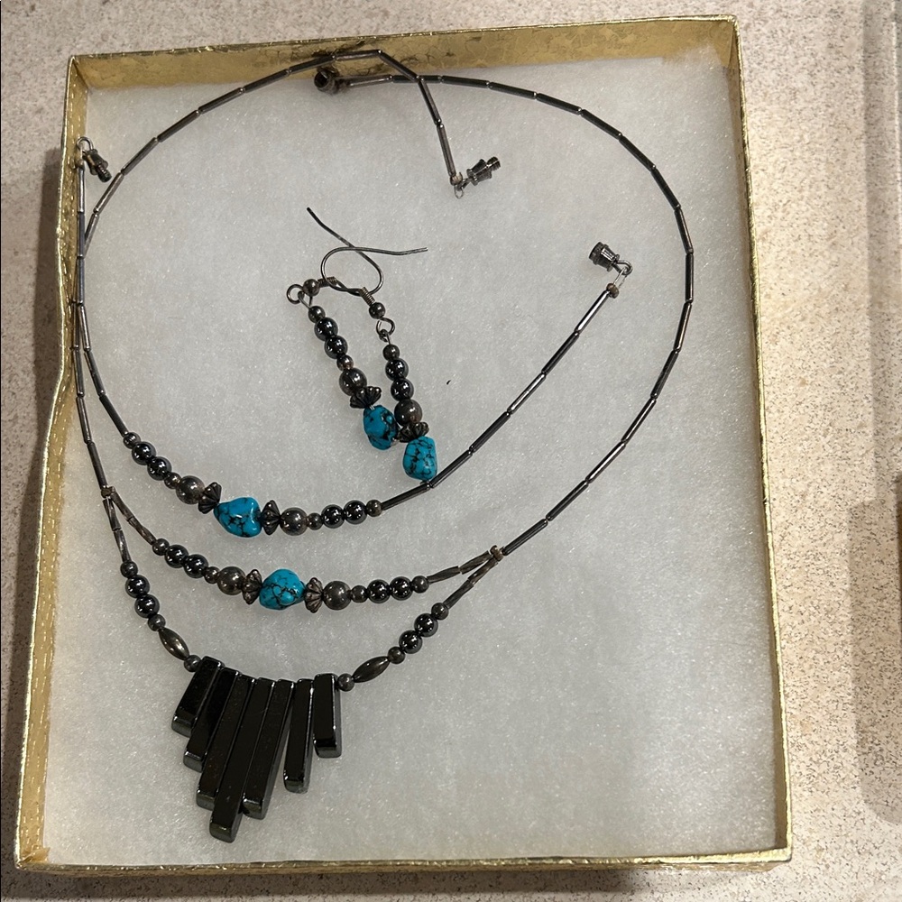 Hematite and Turquoise Necklace, Bracelet and Earring Set 3 pieces
